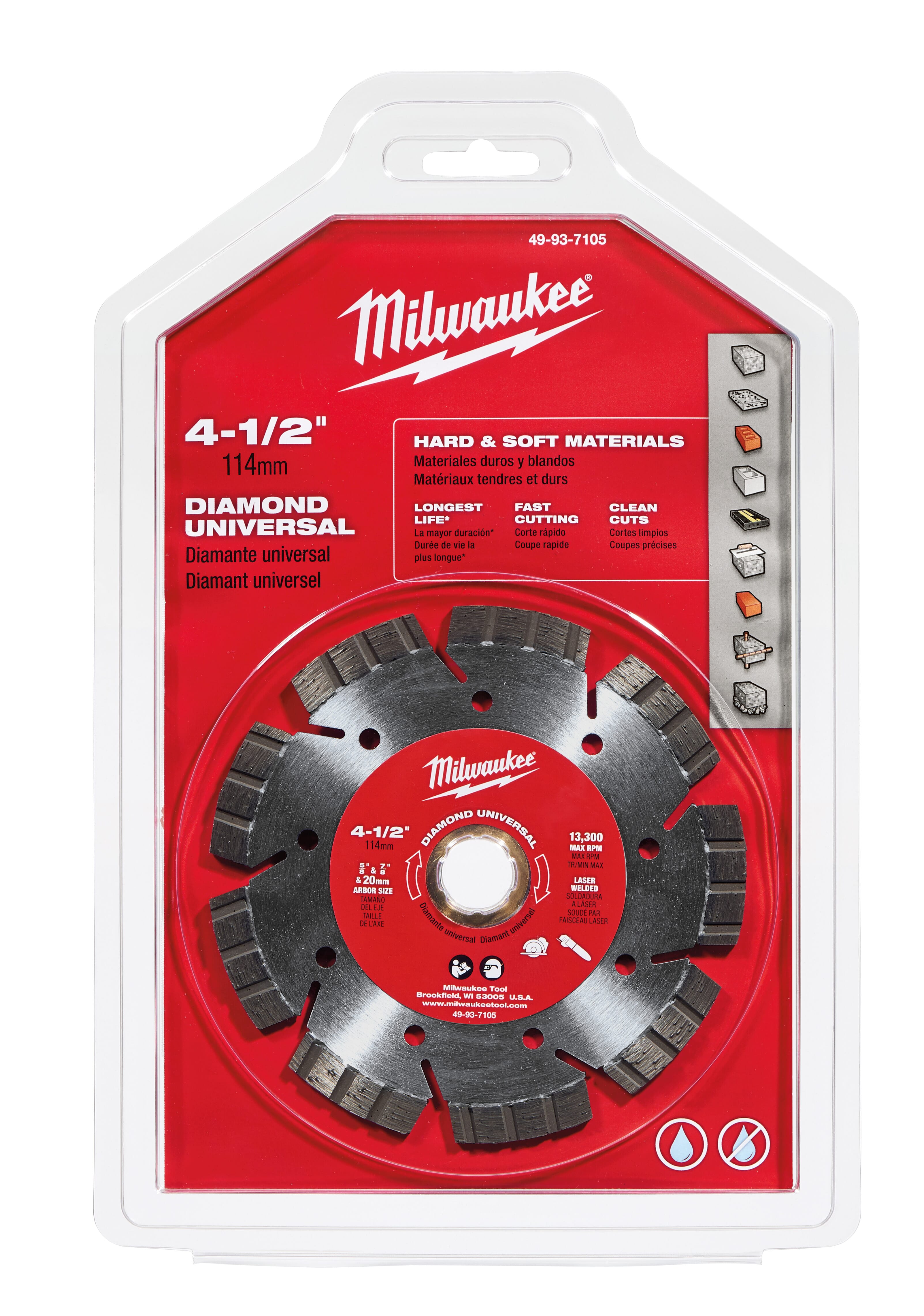 Milwaukee® 49-93-7105 Universal Segmented Turbo Circular Diamond Saw Blade, 4-1/2 in Dia Blade, 7/8 in, 20 mm, 5/8 in Arbor/Shank, Dry/Wet Cutting